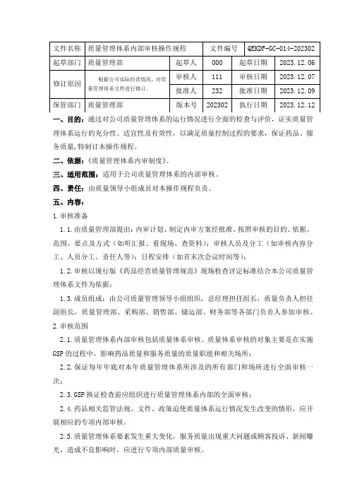 药品批发质量管理体系内部审核操作规程