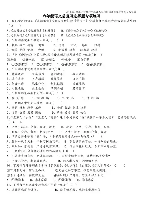 (完整版)精选小升初六年级语文基础知识选择题专项练习及答案
