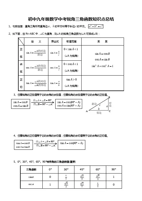 初中九年级数学中考锐角三角函数知识点总结