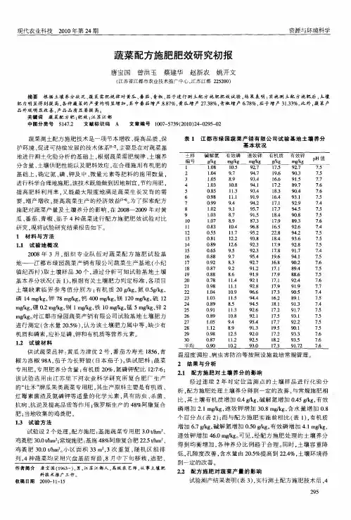 蔬菜配方施肥肥效研究初报