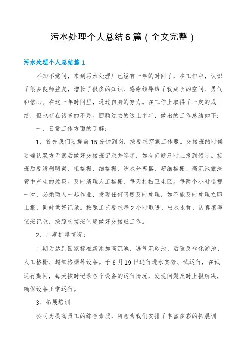 污水处理个人总结6篇