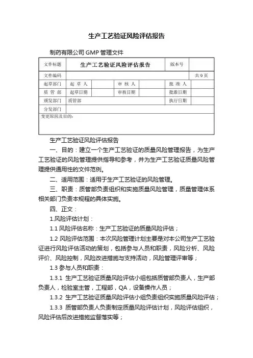 生产工艺验证风险评估报告