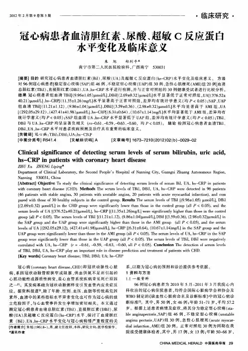 冠心病患者血清胆红素、尿酸、超敏C反应蛋白水平变化及临床意义
