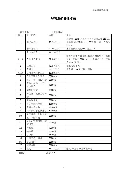 幼儿园年预算经费收支表
