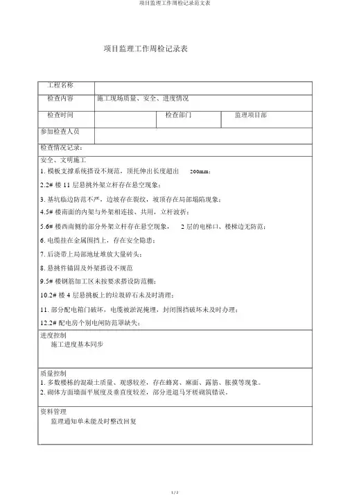项目监理工作周检记录范文表
