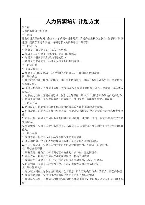 人力资源培训计划方案