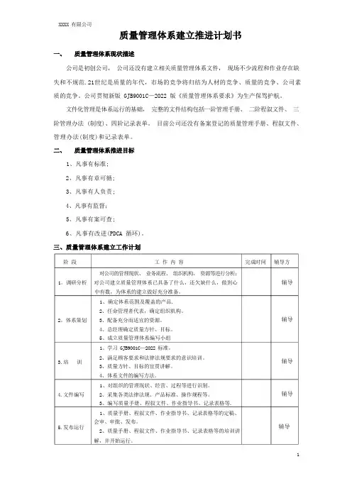 质量管理体系建立推进计划书