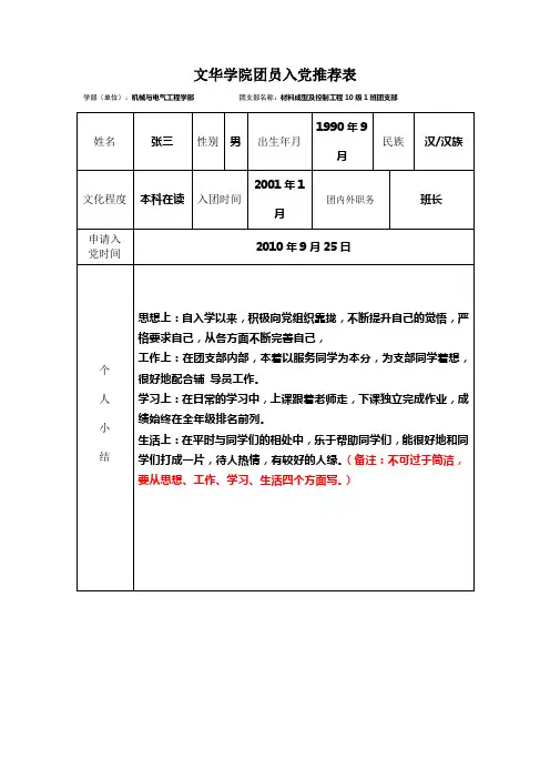 团员推优表及会议记录表范例