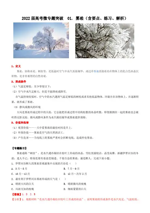 2022届高考微专题突破  01. 雾凇(含要点、练习、解析)
