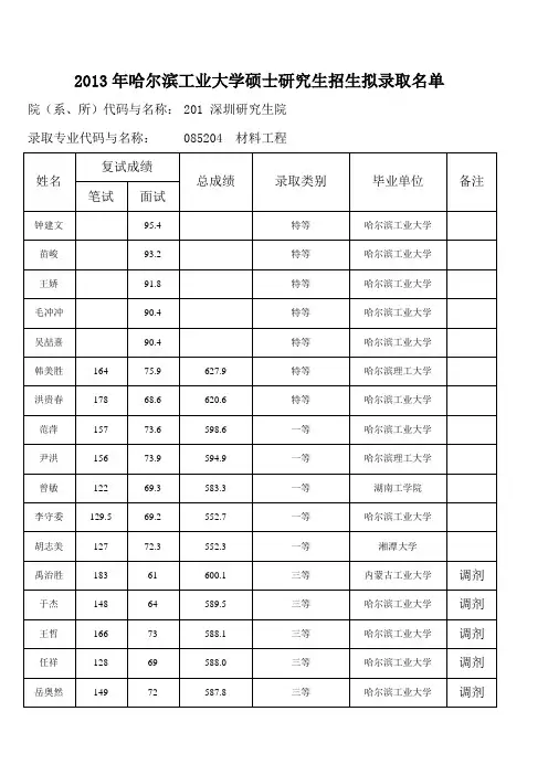  网上公布拟录取名单模板(材料工程)