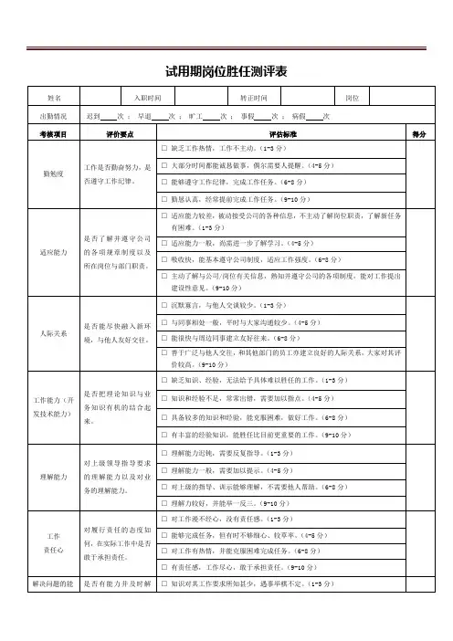 试用期岗位胜任测评表