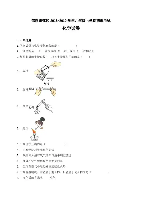 2019年秋九年级上学期期末考试化学试卷及答案解析(两套)