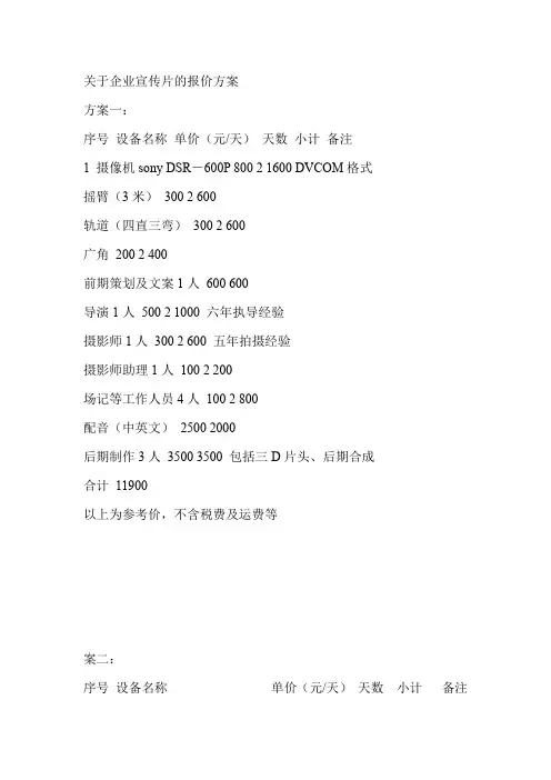 关于企业宣传片的报价方案