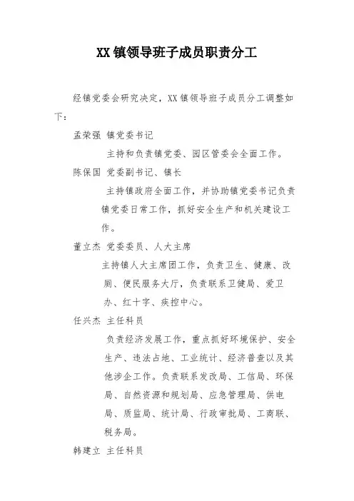 镇领导班子成员职责分工【模板】