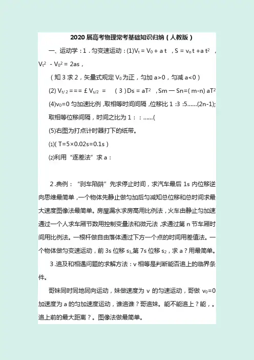 2020届高考物理常考基础知识归纳(人教版)