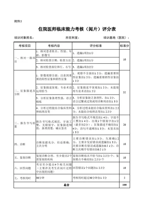 住院医师规范化培训-住院医师临床能力考核(阅片)评分表