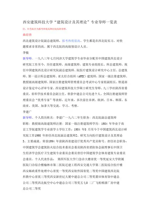 西安建筑科技大学“建筑设计及其理论”专业导师一览表