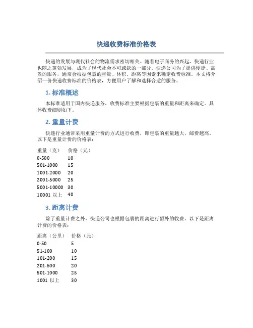 快递收费标准价格表