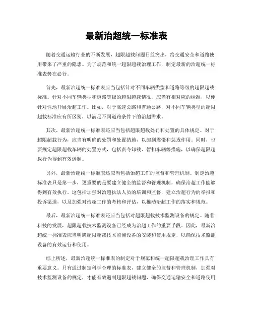 最新治超统一标准表