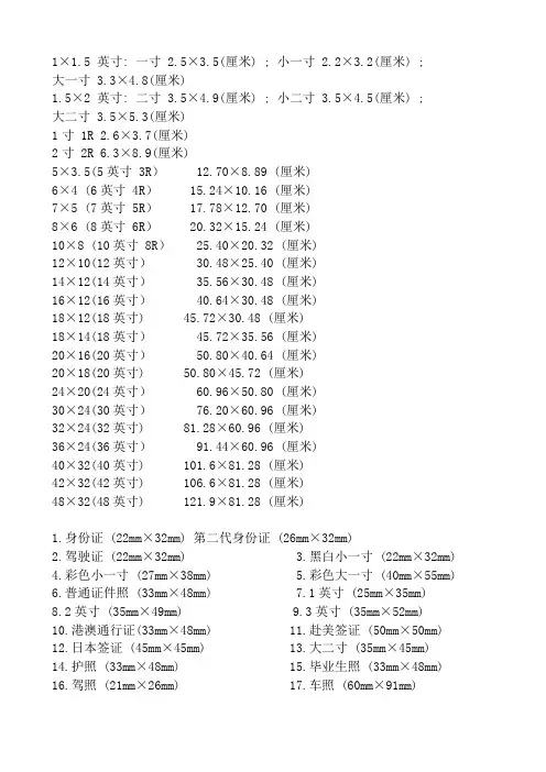 各种照片尺寸参照