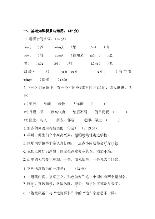 人教版语文小升初测试卷(含答案)