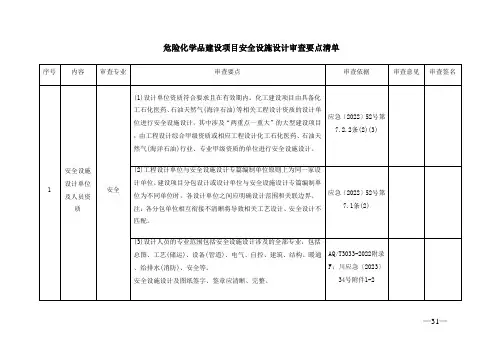 危险化学品建设项目安全设施设计审查要点清单