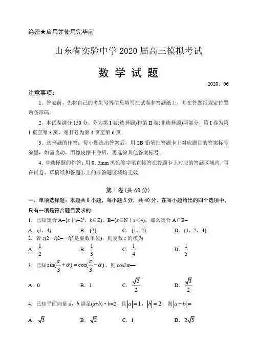 山东省实验中学2020届高三6月模拟考试数学试题 Word版含答案