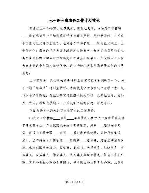 大一新生班主任工作计划模板(4篇)