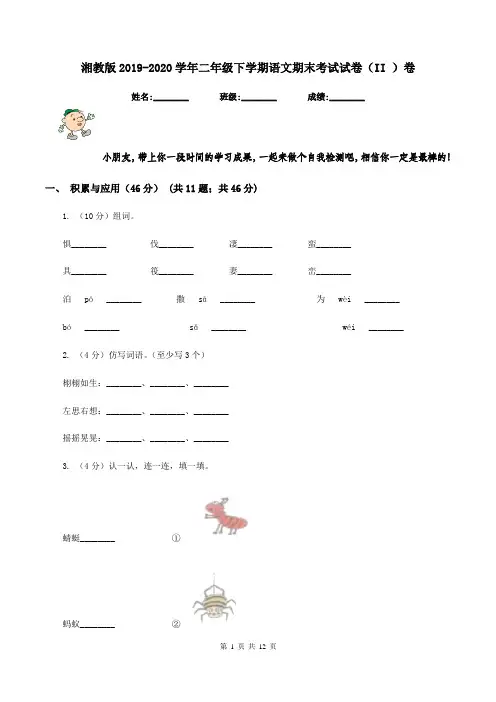 湘教版2019-2020学年二年级下学期语文期末考试试卷(II )卷