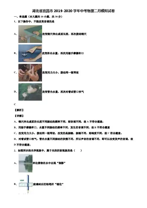 湖北省宜昌市2019-2020学年中考物理二月模拟试卷含解析