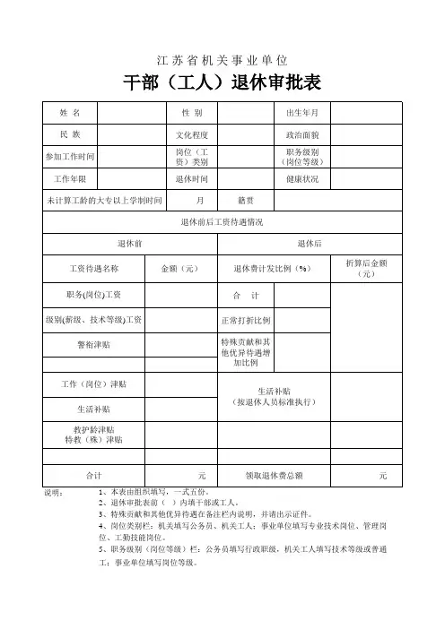 江苏省机关事业单位干部(工人)退休审批表