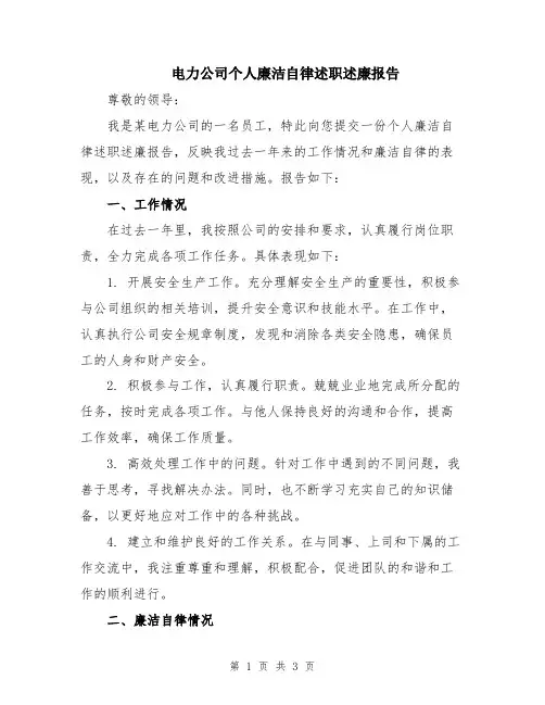 电力公司个人廉洁自律述职述廉报告