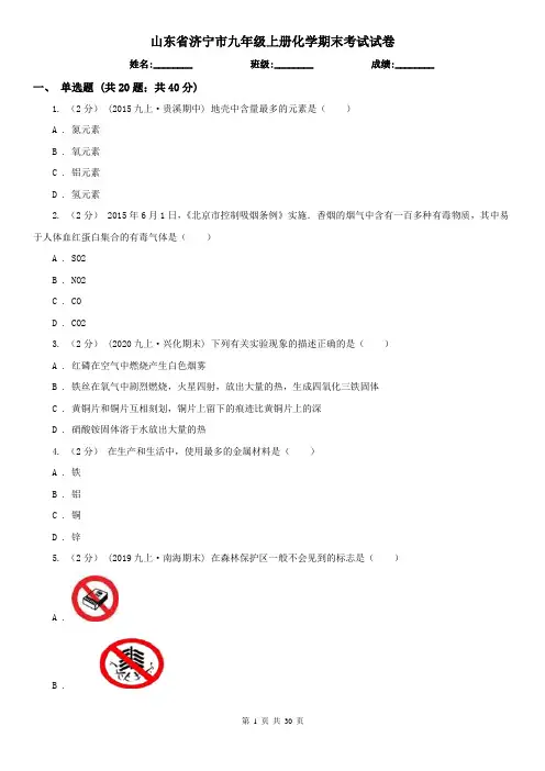 山东省济宁市九年级上册化学期末考试试卷