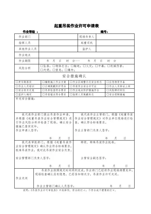 起重吊装作业许可申请表