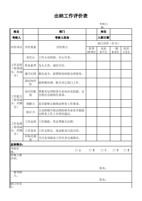 出纳工作评价表