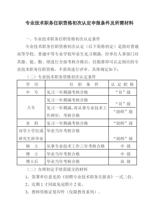 专业技术职务任职资格初次认定申报条件及所需材料
