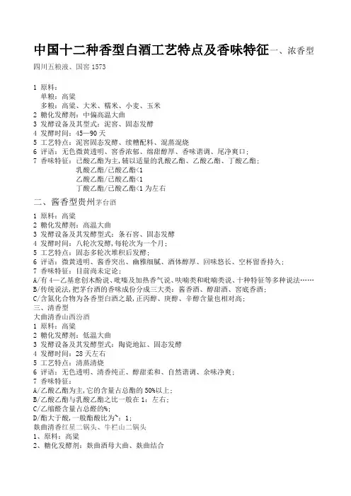 十二种香型白酒工艺特点及香味特征