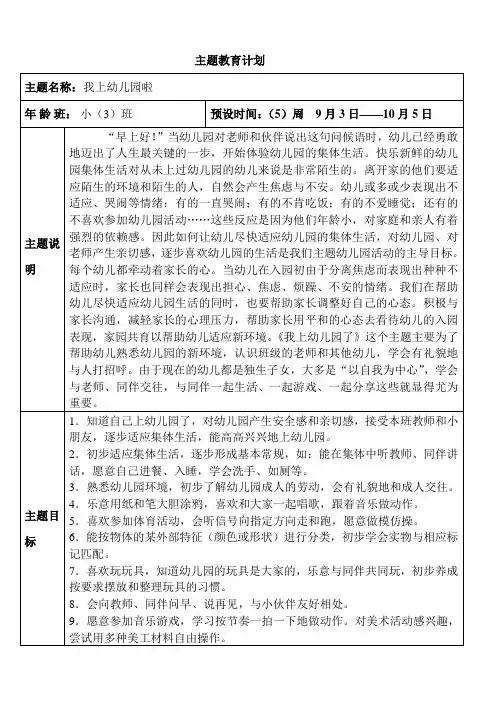 小班主题教育计划：我上幼儿园啦