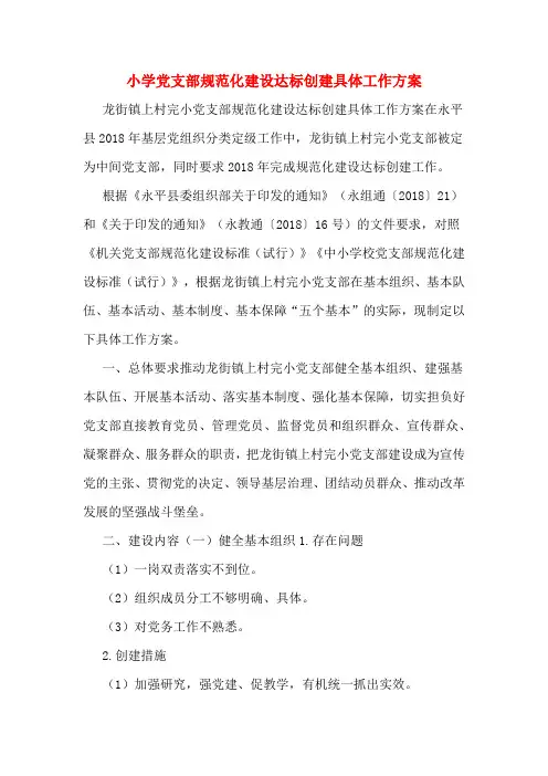 小学党支部规范化建设达标创建具体工作方案