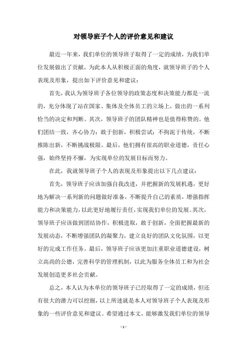 对领导班子个人的评价意见和建议