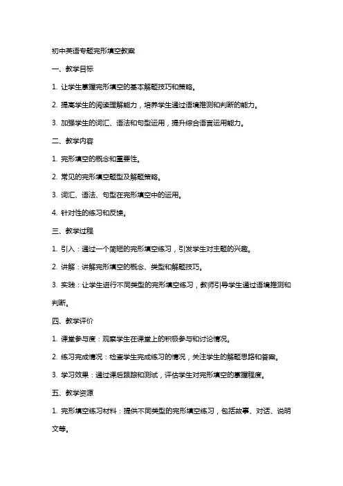 初中英语专题完形填空教案