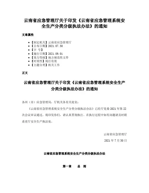 云南省应急管理厅关于印发《云南省应急管理系统安全生产分类分级执法办法》的通知