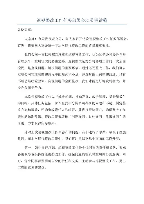 巡视整改工作任务部署会动员讲话稿