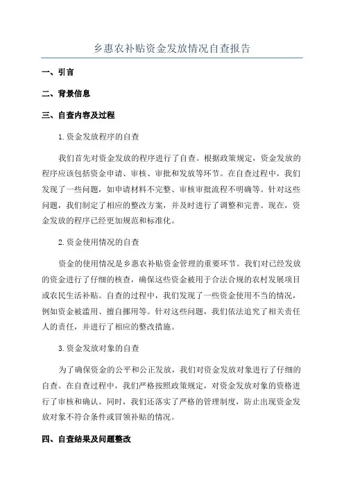 乡惠农补贴资金发放情况自查报告