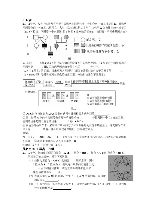 2014全国各地高考二模试题生物(必修2内容非选择部分)