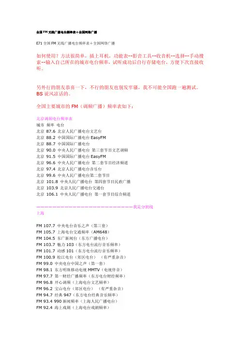 全国FM无线广播电台频率表