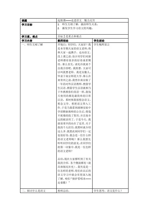 【推荐】七年级第一学期第一堂语文课——起始课精品教案设计 苏教版