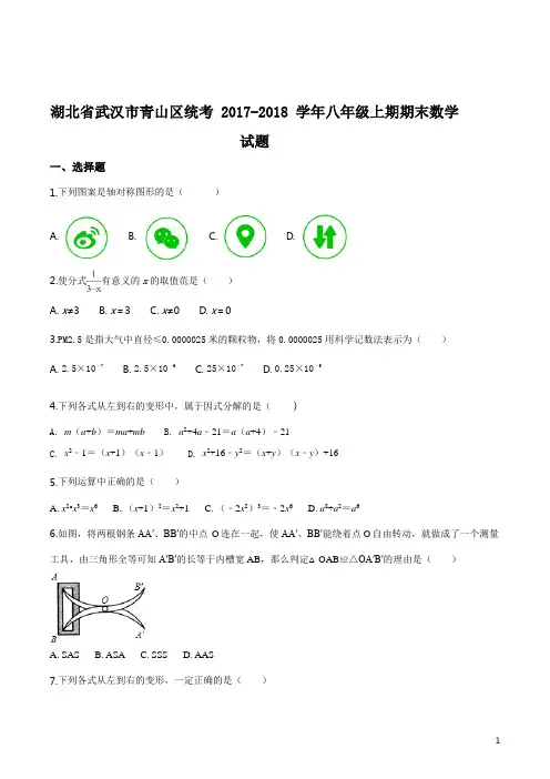 湖北省武汉市青山区2018-2019学年八年级上学期期末统考数学试题(原卷版)