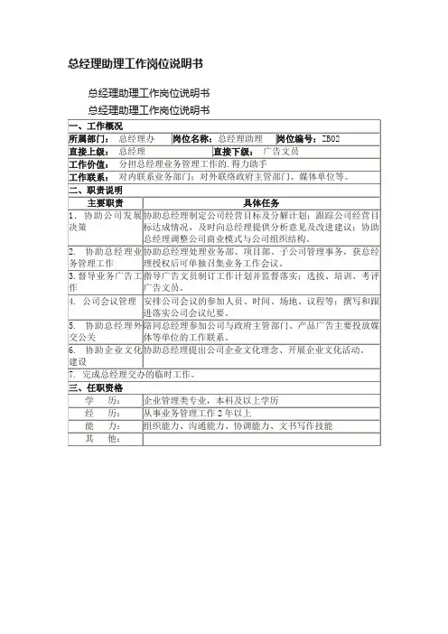 总经理助理工作岗位说明书