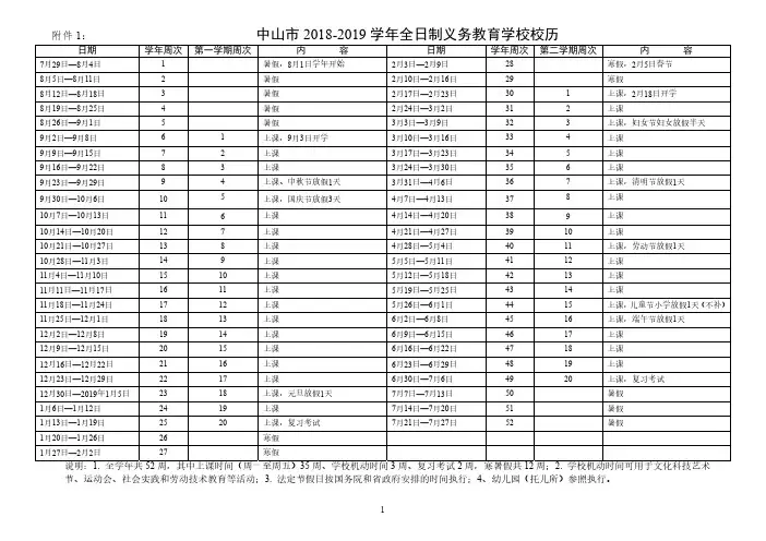 中山市2018-2019学年全日制义务教育学校校历